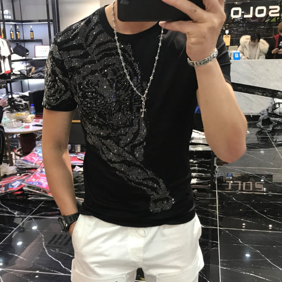 Male Tiger Hot Diamond Printing T shirt
