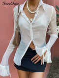 Women Sexy Shirts, V Neck, See Through White Casual Long Sleeve Top Ladies